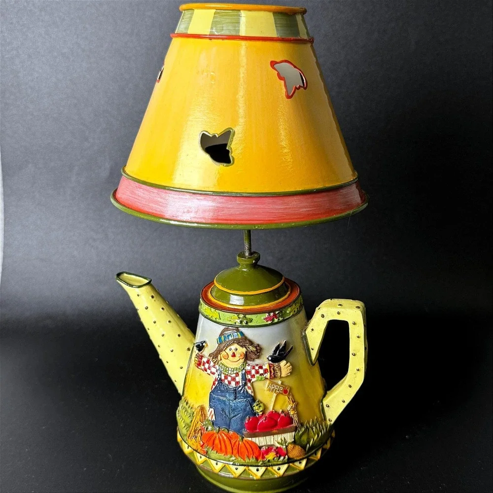 Vintage Harvest Scarecrow Teapot Tealight Candle Holder Ceramic Fall Decor Shade